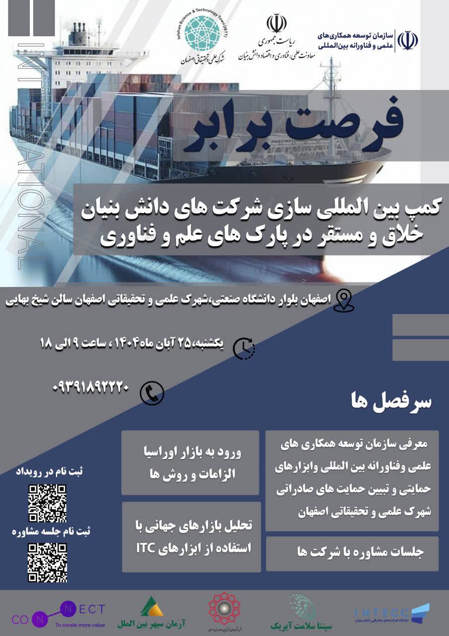 کمپ تخصصی بین‌المللی‌سازی شرکت‌های دانش‌بنیان، خلاق و فناور در شهرک علمی و تحقیقاتی اصفهان برگزار می‌شود.